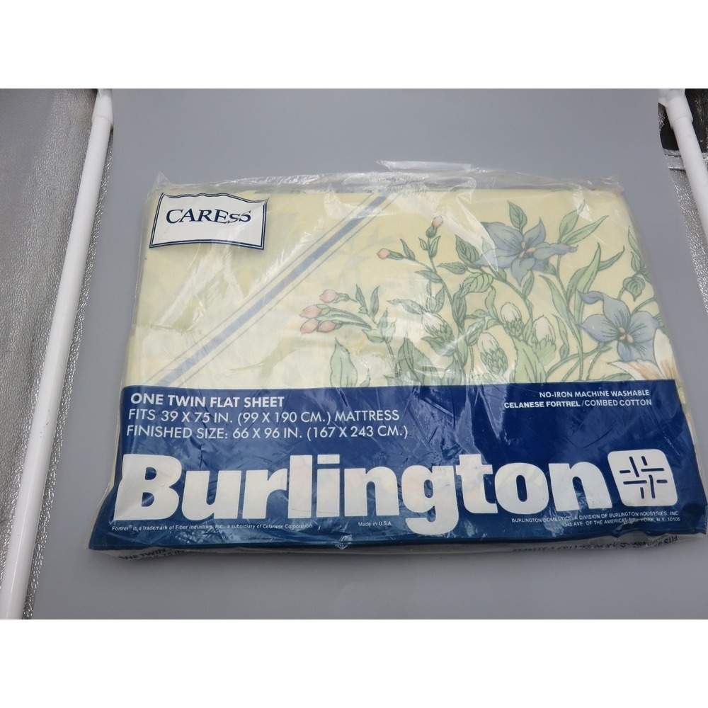 Vintage Burlington Caress Twin Flat Sheet Sonia Floral Yellow Blue Cotton Blend